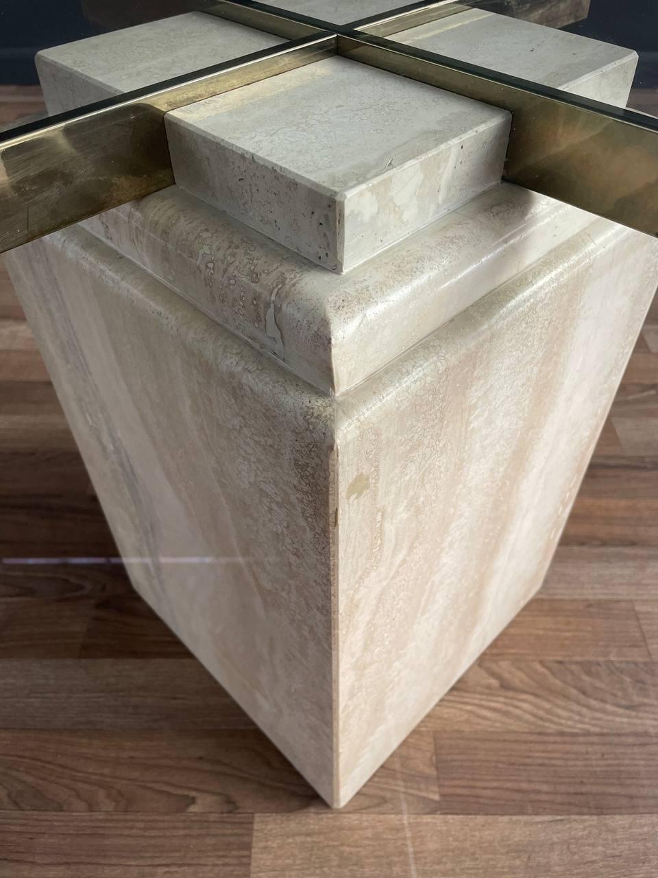Mid-Century Modern Travertine Stone & Brass Side Table For Sale 3