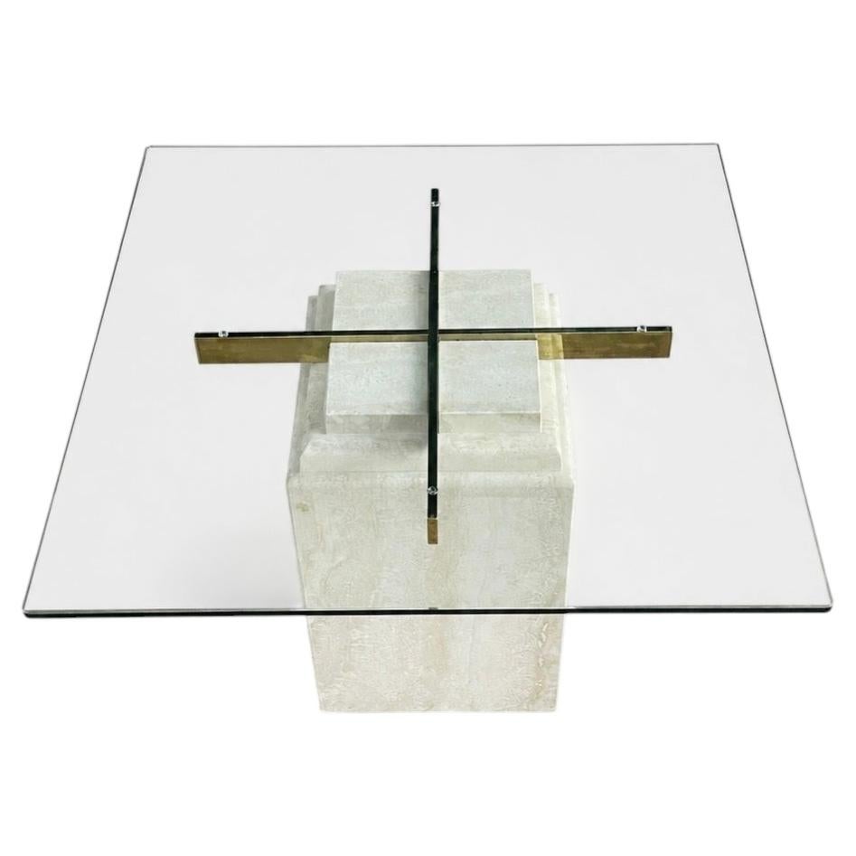 Mid-Century Modern Travertine Stone & Brass Side Table For Sale