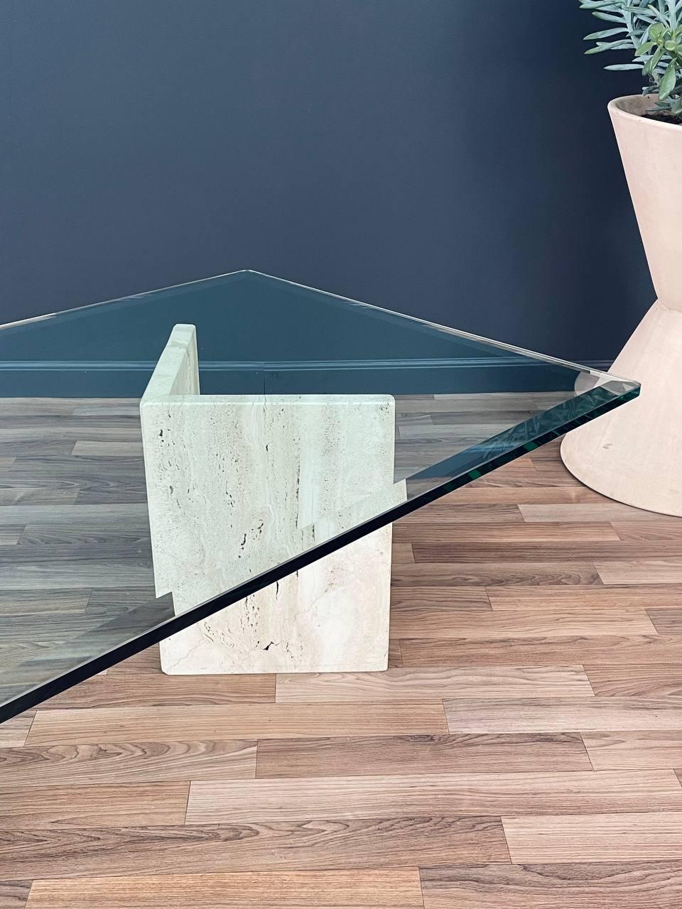 Mid-Century Modern Travertine Stone & Glass Coffee Table For Sale 2