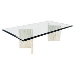 Mid-Century Modern Travertine Stone & Glass Coffee Table