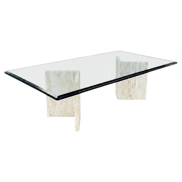Mid-Century Modern Travertine Stone & Glass Coffee Table