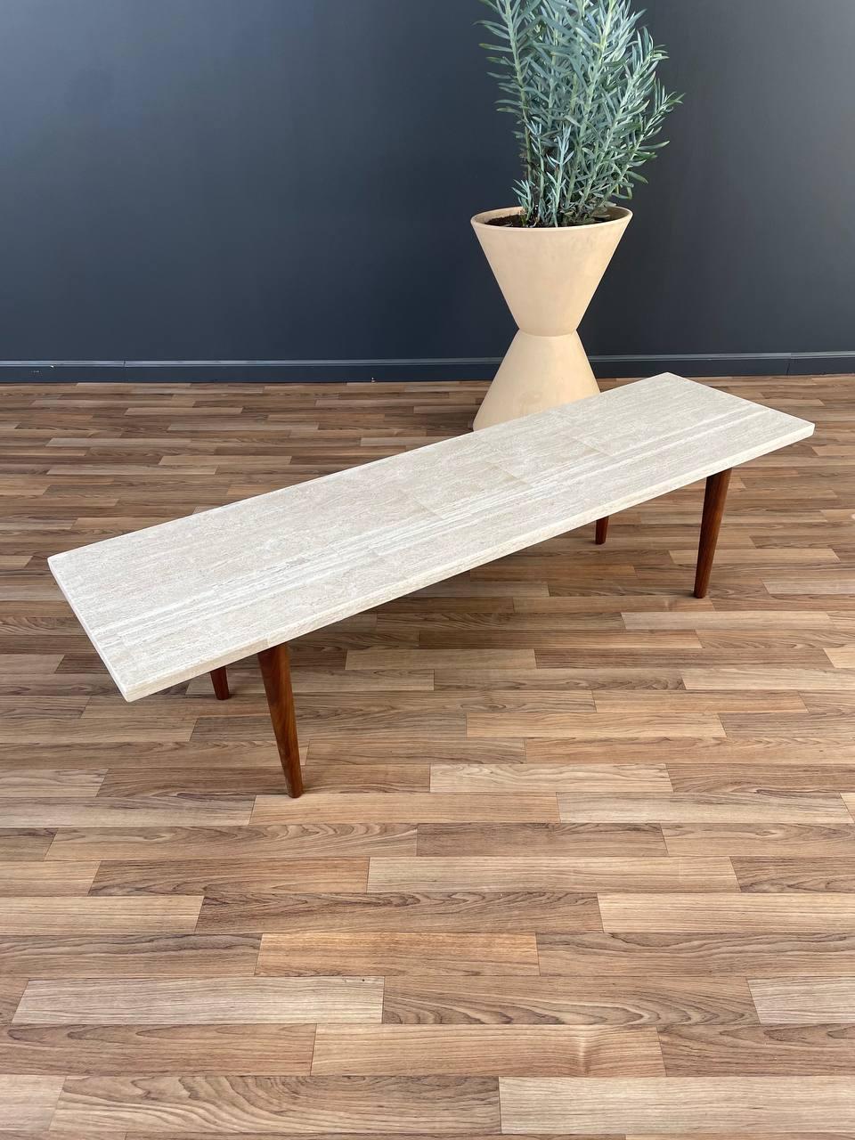 Condition:
Newly Refinished Wood, Original Travertine Top

With over 15 years of experience, our workshop has followed a careful process of restoration, showcasing our passion and creativity for vintage designs that can seamlessly be incorporated