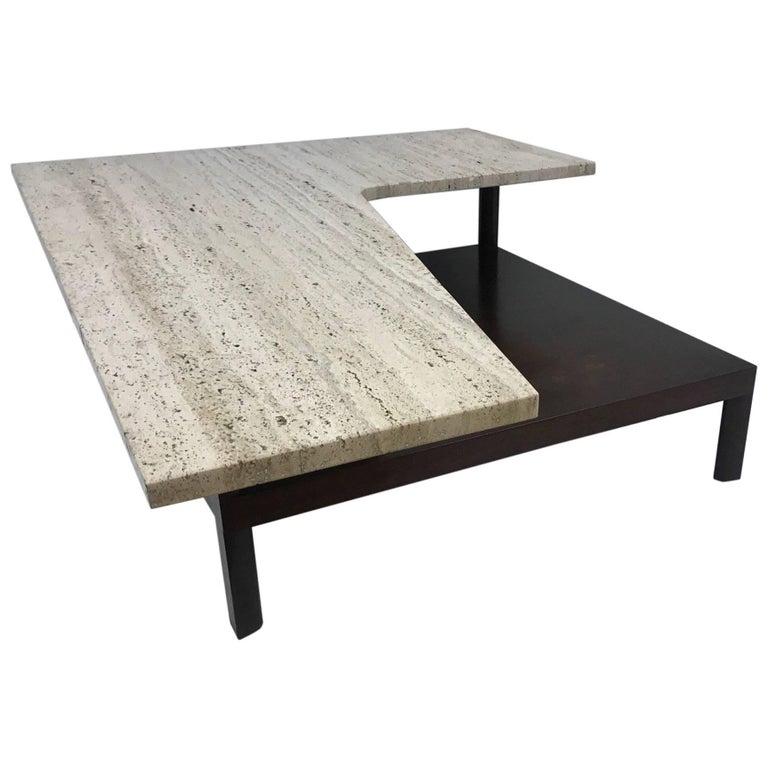 MidCentury Modern Travertine Top Sculptural Coffee Table For Sale at