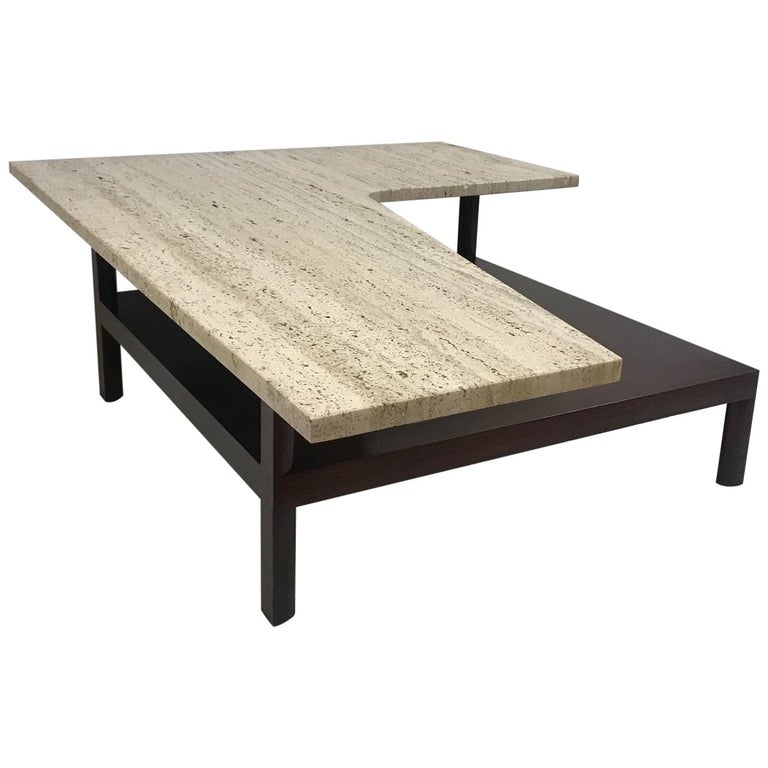 MidCentury Modern Travertine Top Sculptural Coffee Table For Sale at