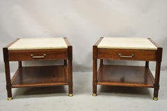 Mid Century Modern Travertine Top Walnut 2 Tier Lamp Side End Tables, a Pair