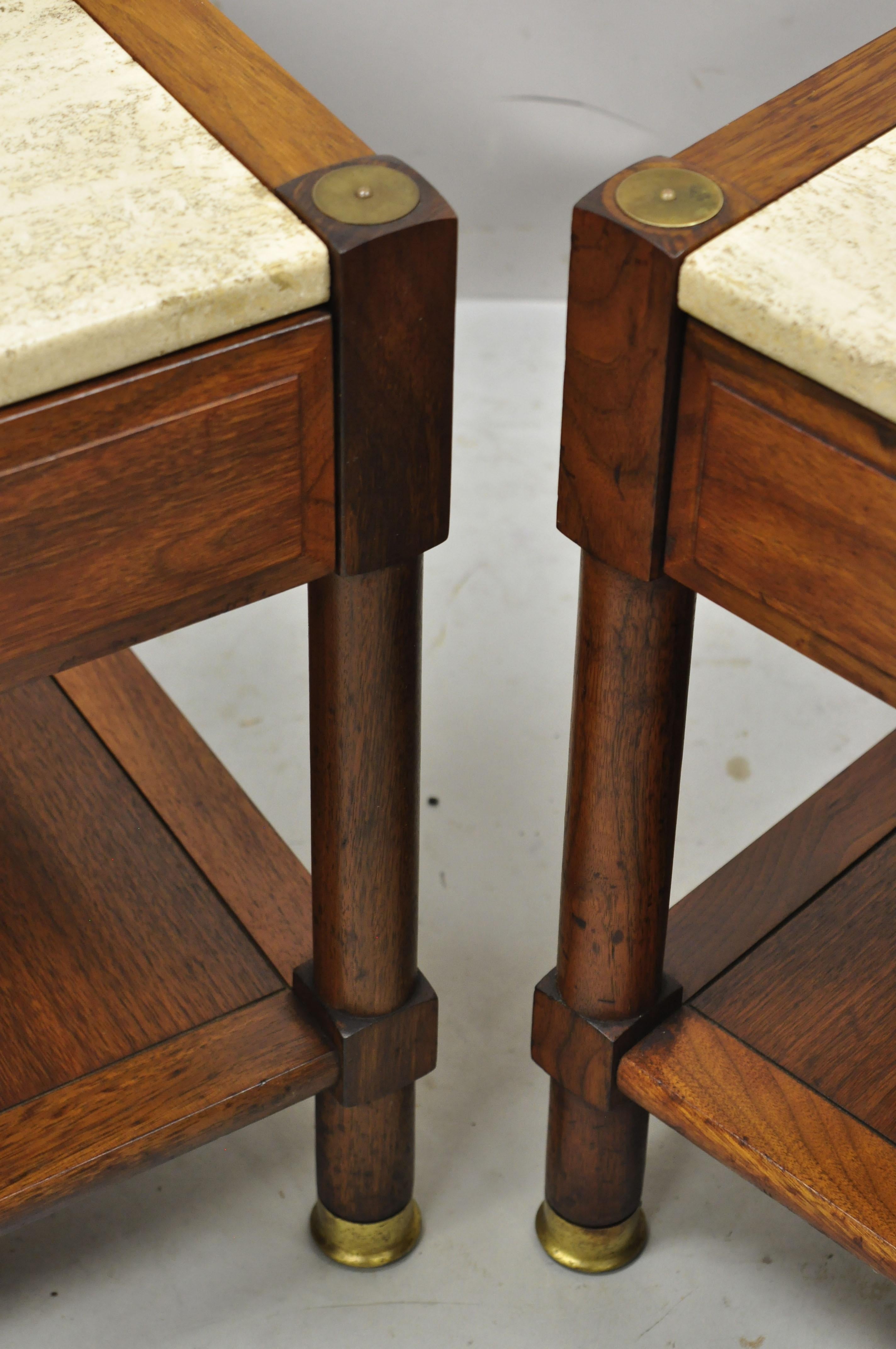 Mid Century Modern Travertine Top Walnut 2 Tier Lamp Side End Tables, a Pair In Good Condition In Philadelphia, PA