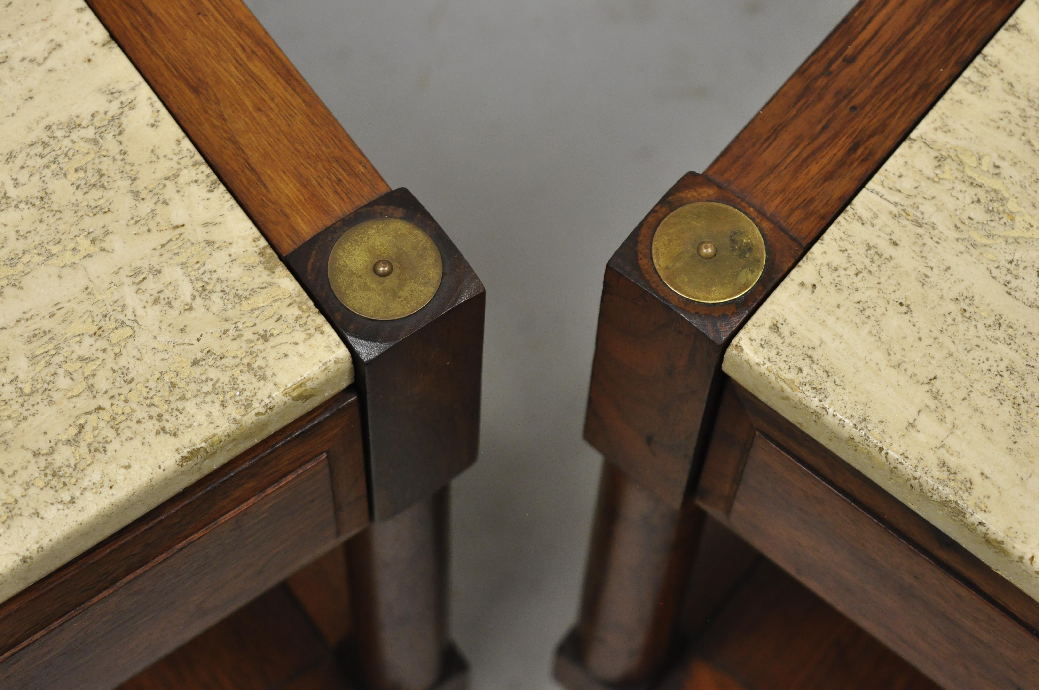 20th Century Mid Century Modern Travertine Top Walnut 2 Tier Lamp Side End Tables, a Pair
