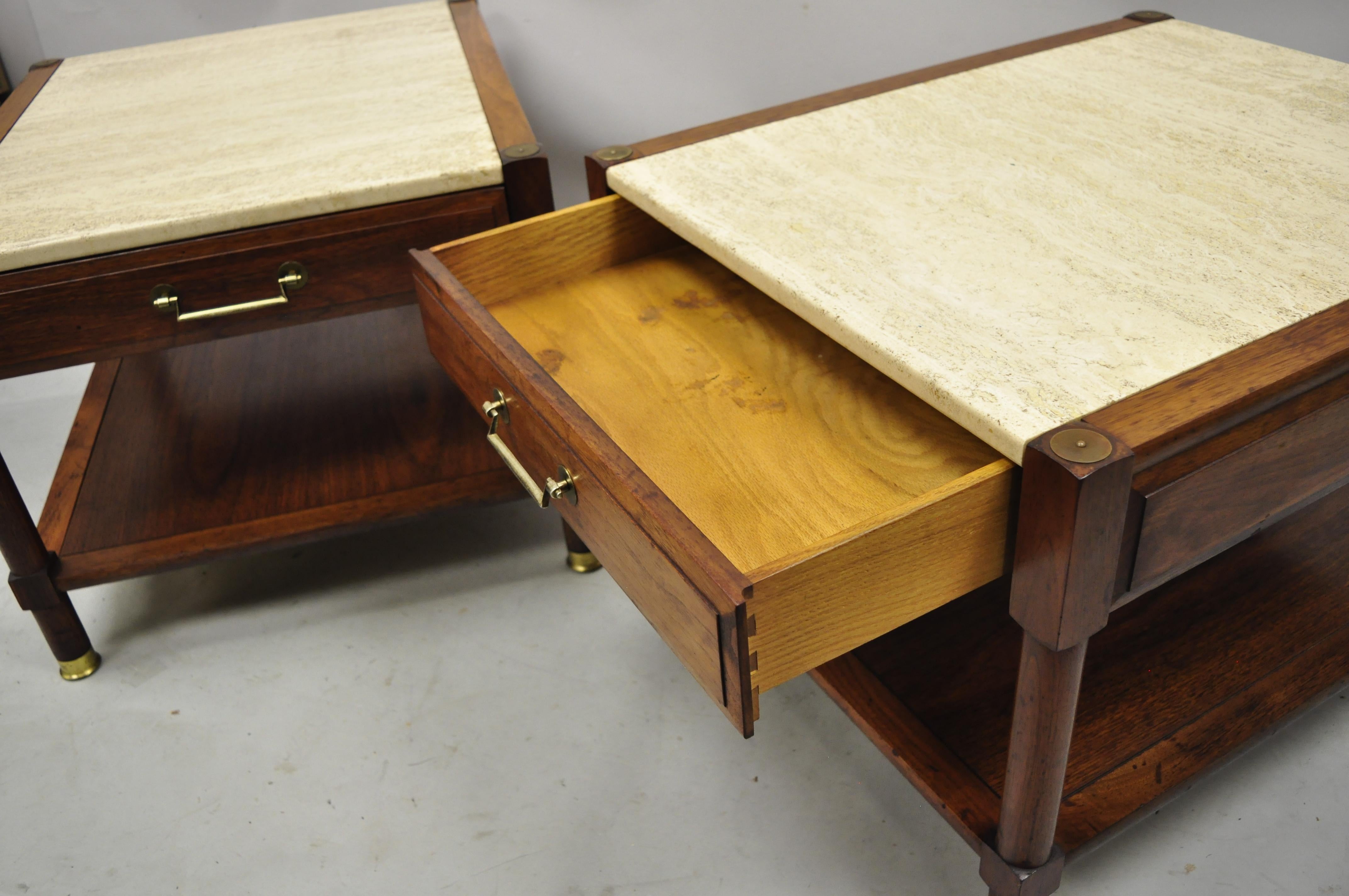Mid Century Modern Travertine Top Walnut 2 Tier Lamp Side End Tables, a Pair 2