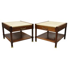 Mid Century Modern Travertine Top Walnut 2 Tier Lamp Side End Tables, a Pair