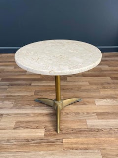 Mid-Century Modern Travertine & Tripod Brass Side Table