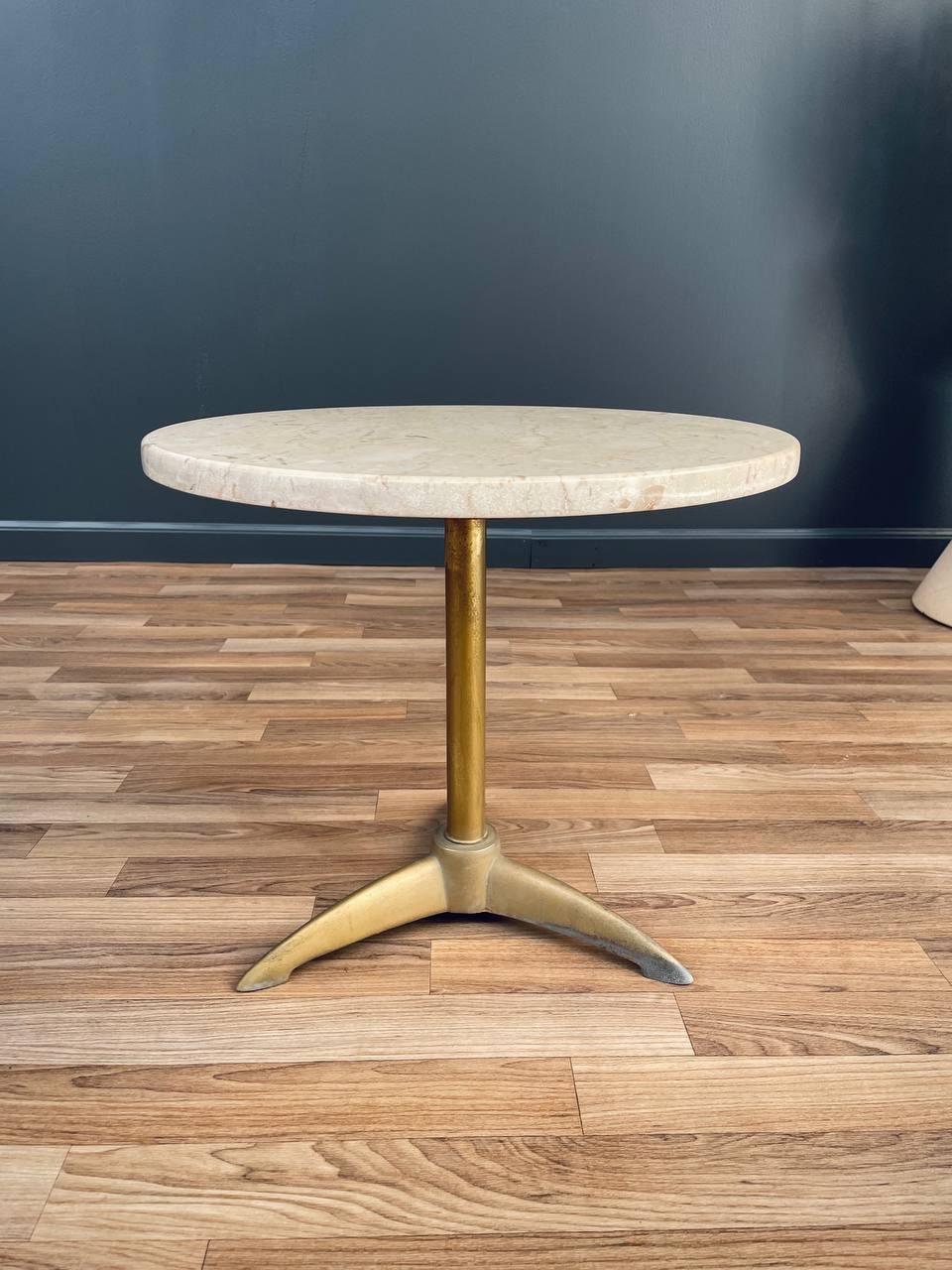 Mid-Century Modern Travertine & Tripod Brass Side Table In Good Condition For Sale In Los Angeles, CA