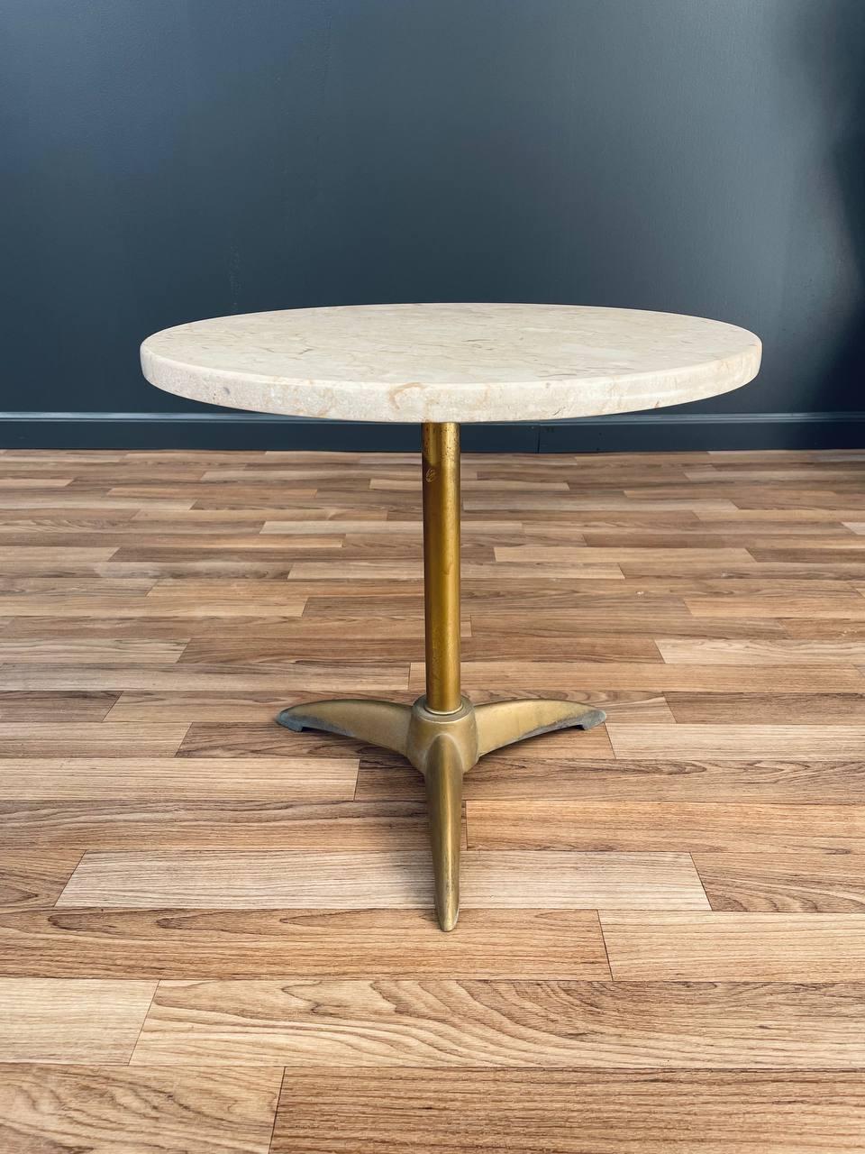 Mid-20th Century Mid-Century Modern Travertine & Tripod Brass Side Table For Sale