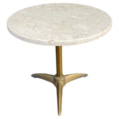Mid-Century Modern Travertine & Tripod Brass Side Table