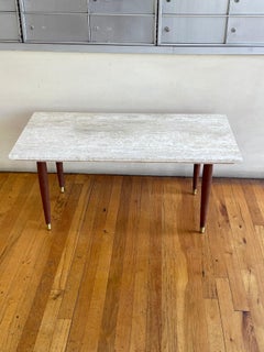 Mid-Century Modern Travertine & Walnut Legs Small Coffee Table