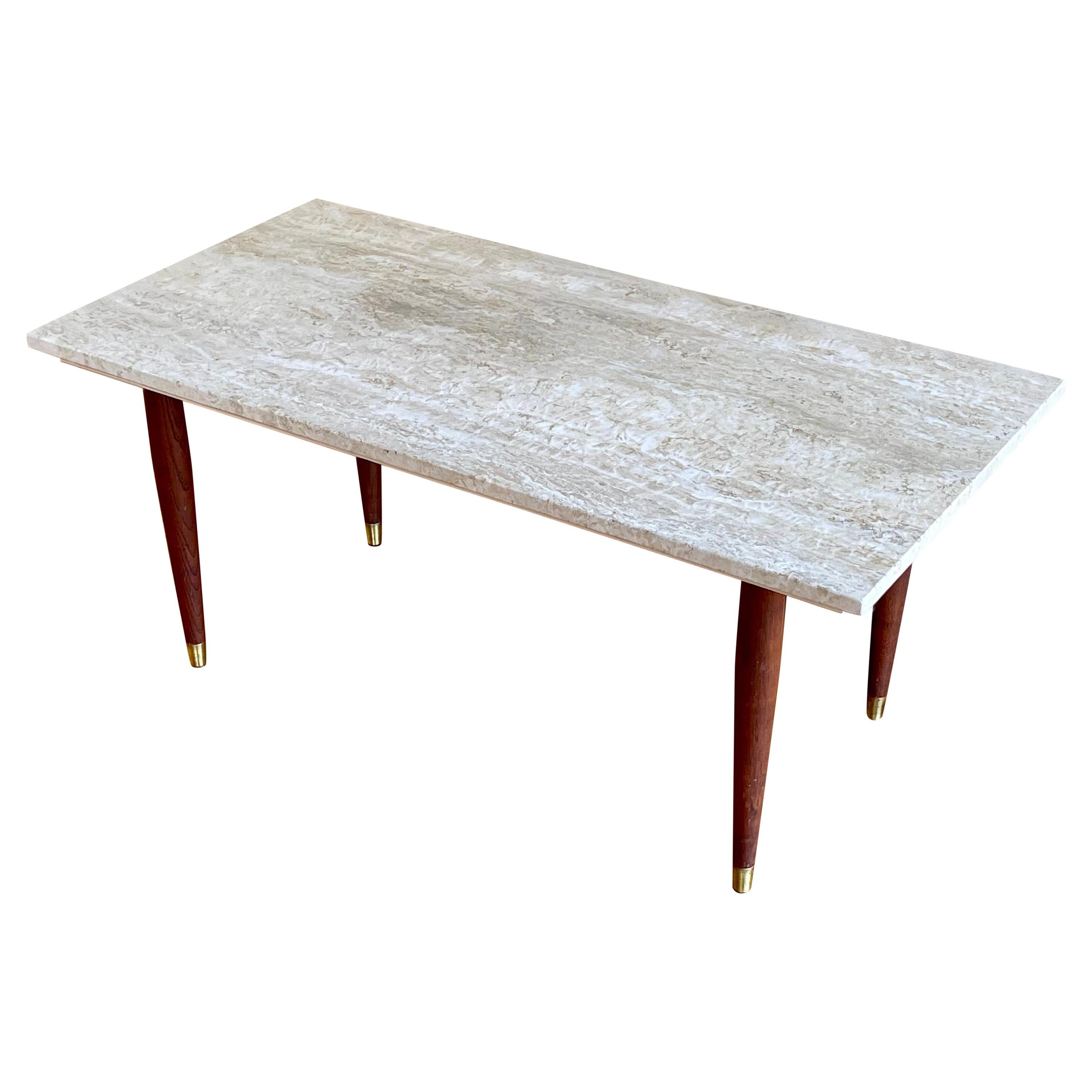 Mid-Century Modern Travertine & Walnut Legs Small Coffee Table