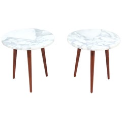 Mid-Century Modern Tri-Leg Side Tables with Marble Tops