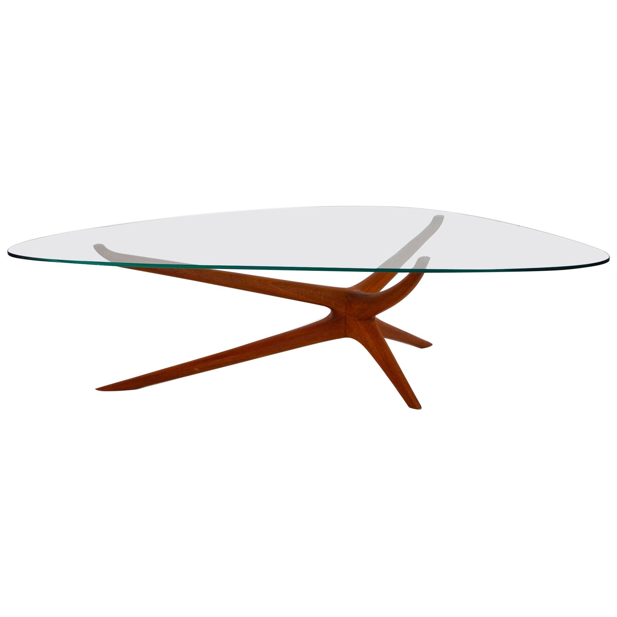 Mid-Century Modern Tri-Symmetric Organic Coffee Table in Mahogany with Glass Top For Sale