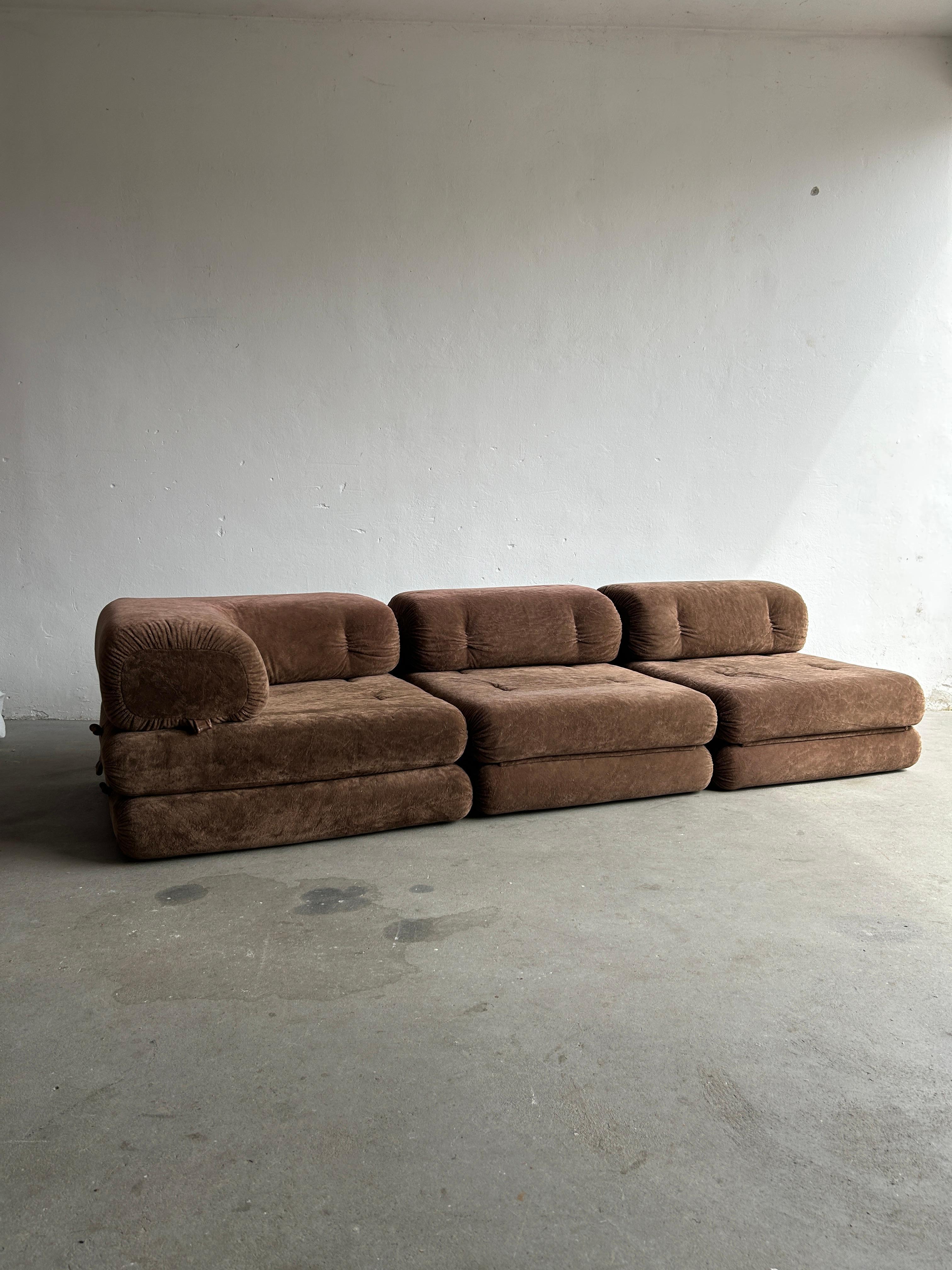 An original vintage midcentury-Modern sectional sofa and daybed designed and produced by Wittmann, Austria in the 1970s. Rare 'Triade' model, referencing the three modules that are included in the set. Beautiful soft and quality made brown fabric.