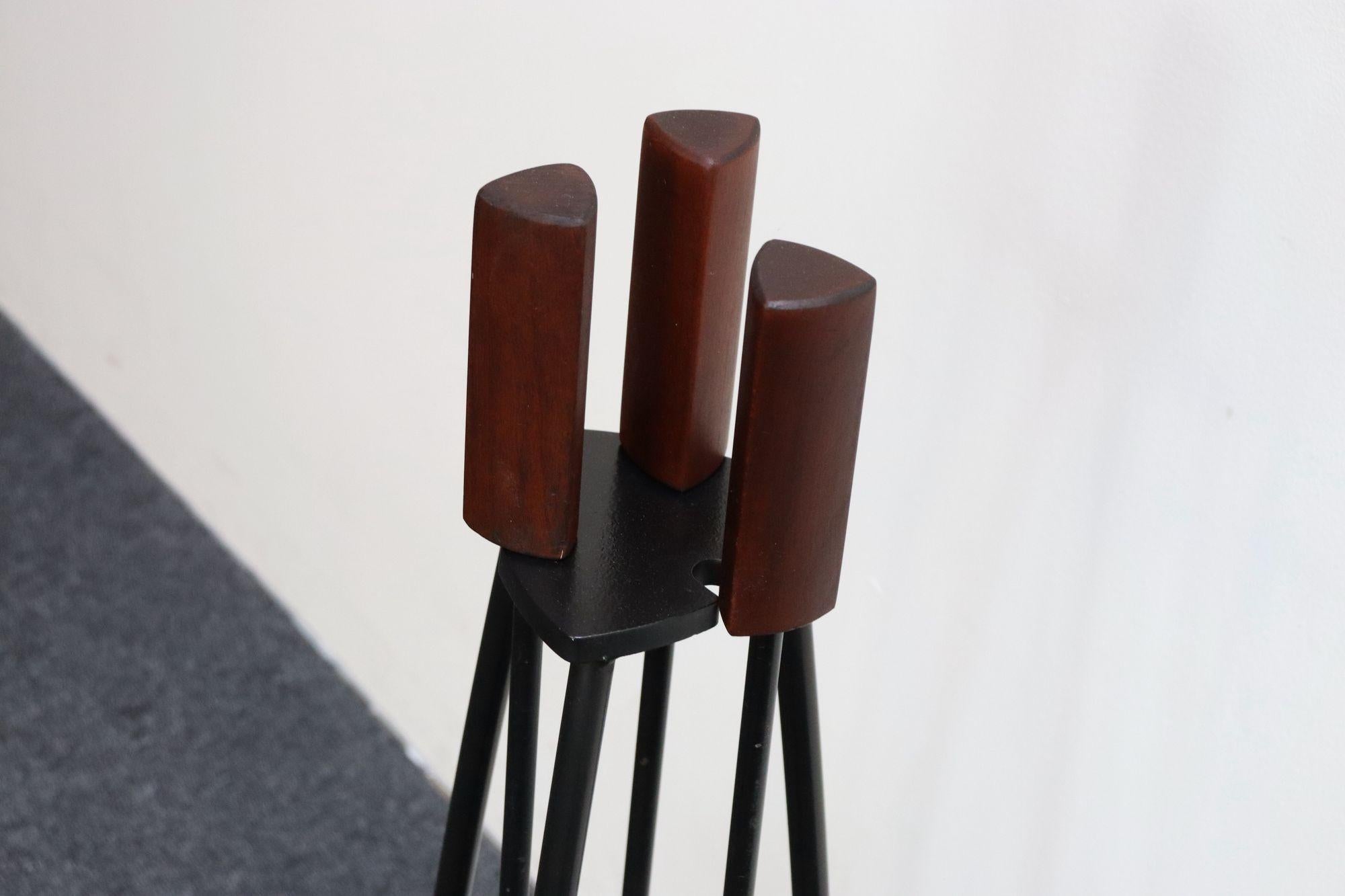 Mid-Century Modern Triangular Guitar Pick Form Fire Tool Set in Walnut and Iron For Sale 9