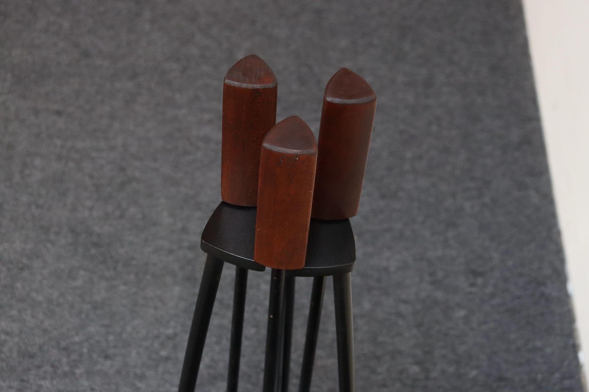 Mid-Century Modern Triangular Guitar Pick Form Fire Tool Set in Walnut and Iron For Sale 10