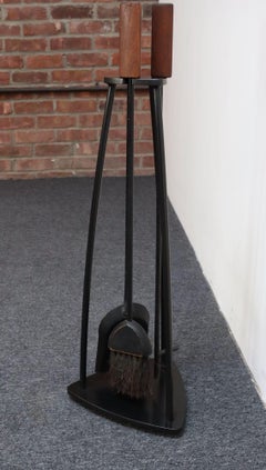 Mid-Century Modern Triangular Guitar Pick Form Fire Tool Set in Walnut and Iron