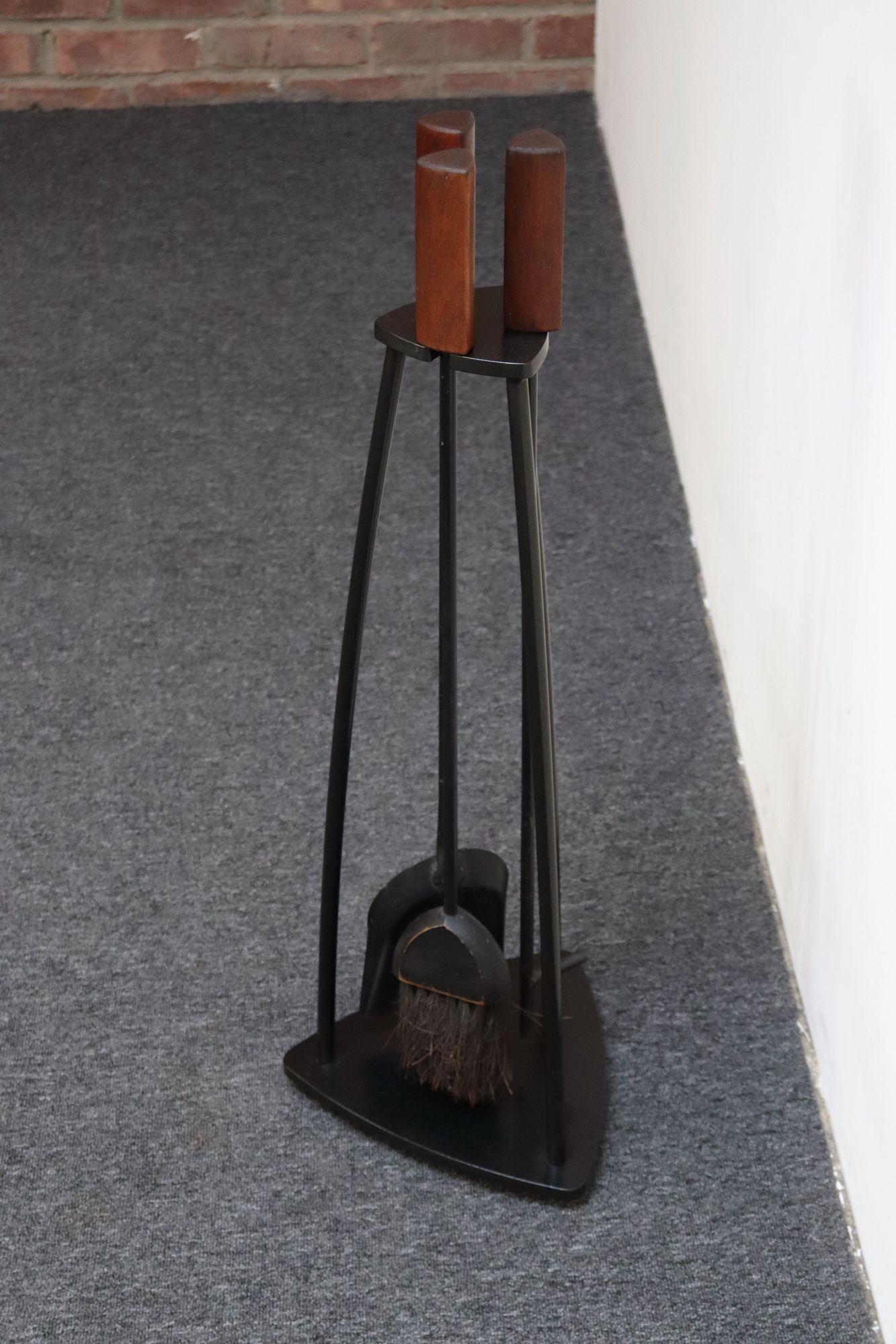 Forged Mid-Century Modern Triangular Guitar Pick Form Fire Tool Set in Walnut and Iron For Sale