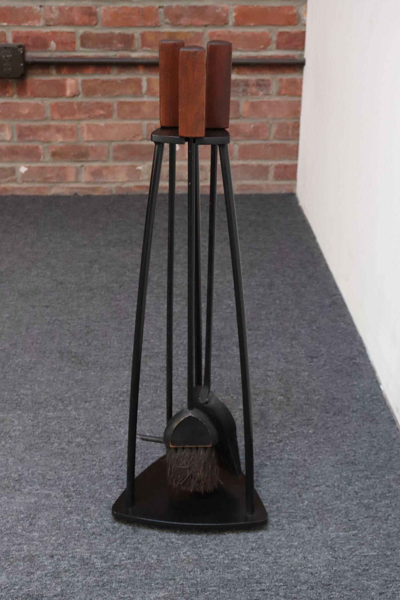 Mid-20th Century Mid-Century Modern Triangular Guitar Pick Form Fire Tool Set in Walnut and Iron For Sale