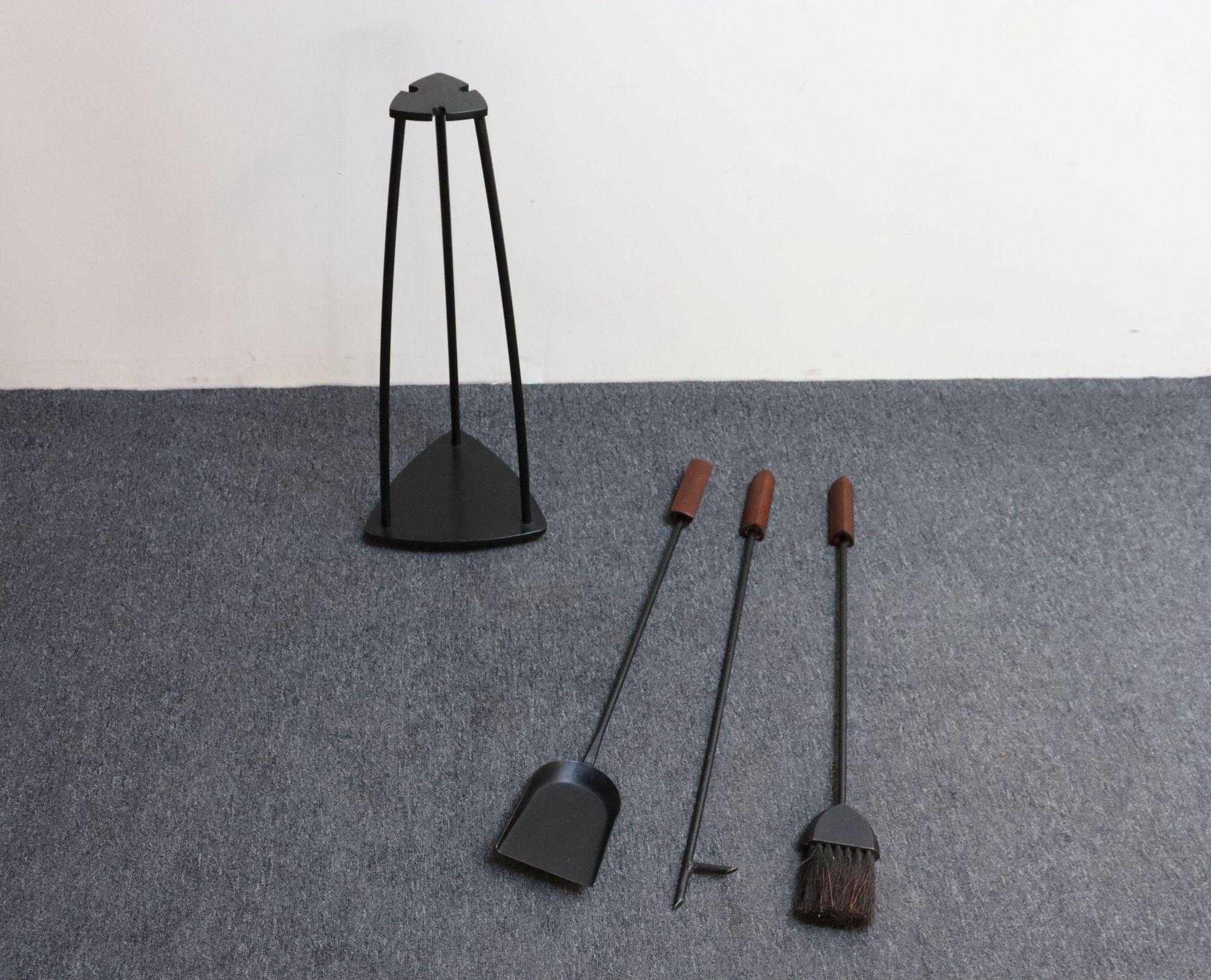 Mid-Century Modern Triangular Guitar Pick Form Fire Tool Set in Walnut and Iron For Sale 2