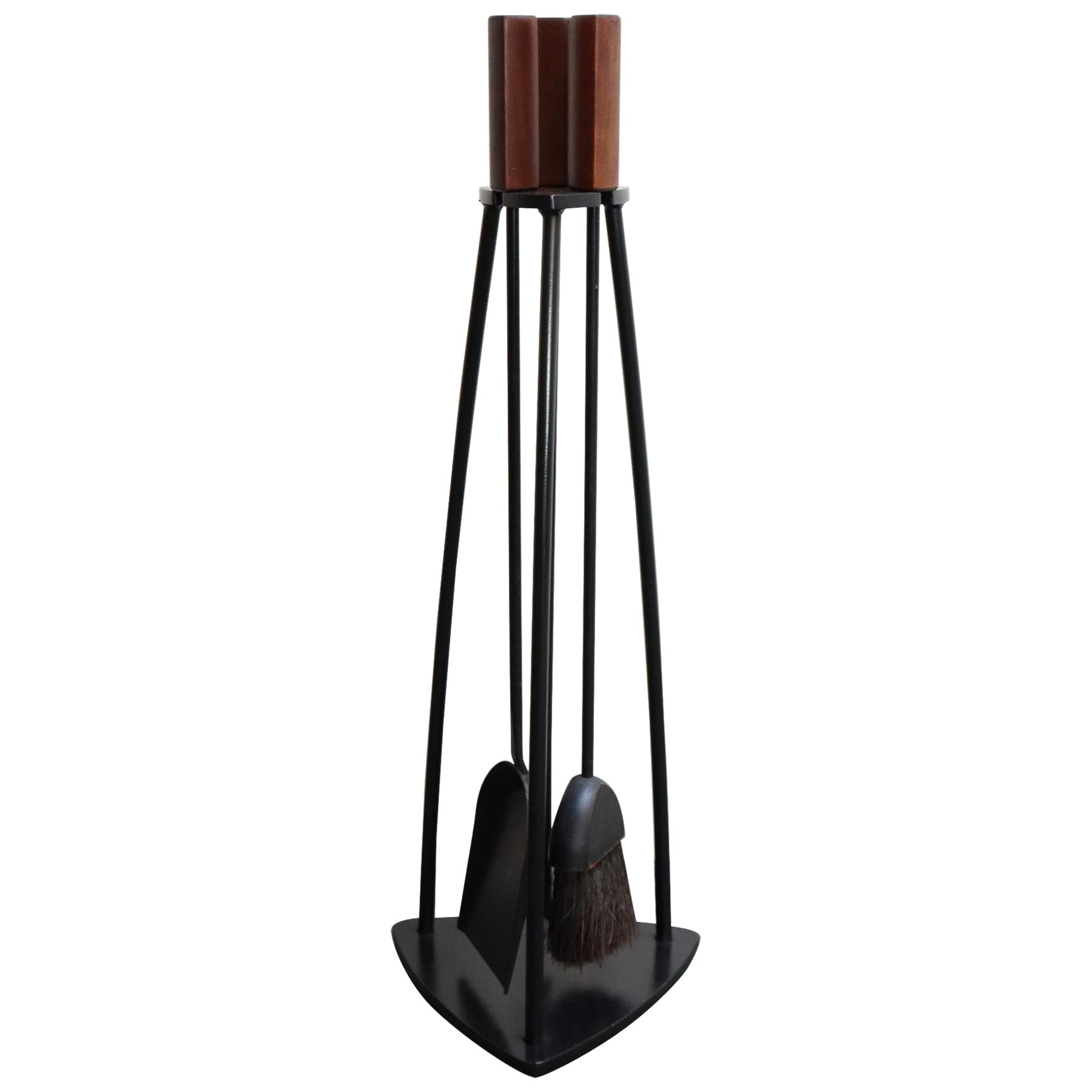 Mid-Century Modern Triangular Guitar Pick Form Fire Tool Set in Walnut and Iron For Sale