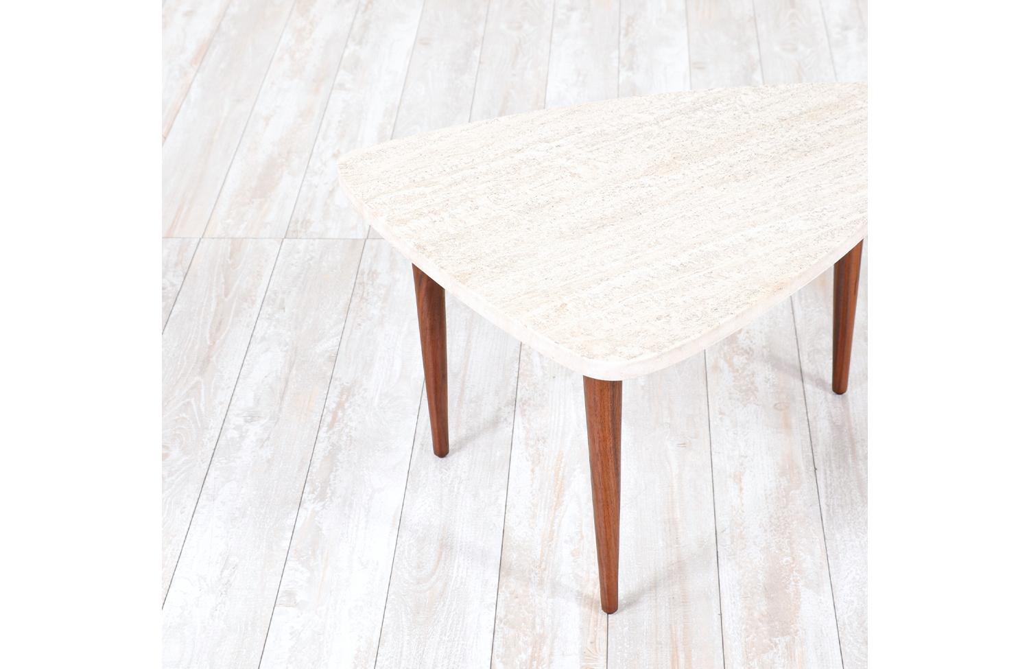 Expertly Restored -Mid-Century Modern Triangular Travertine Stone Top Side Table For Sale 5