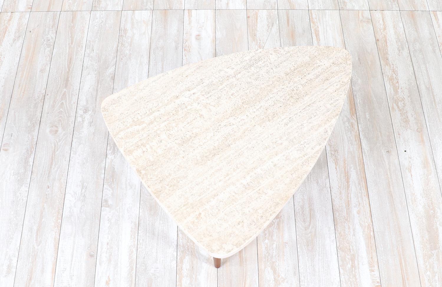 Mid-20th Century Expertly Restored -Mid-Century Modern Triangular Travertine Stone Top Side Table For Sale
