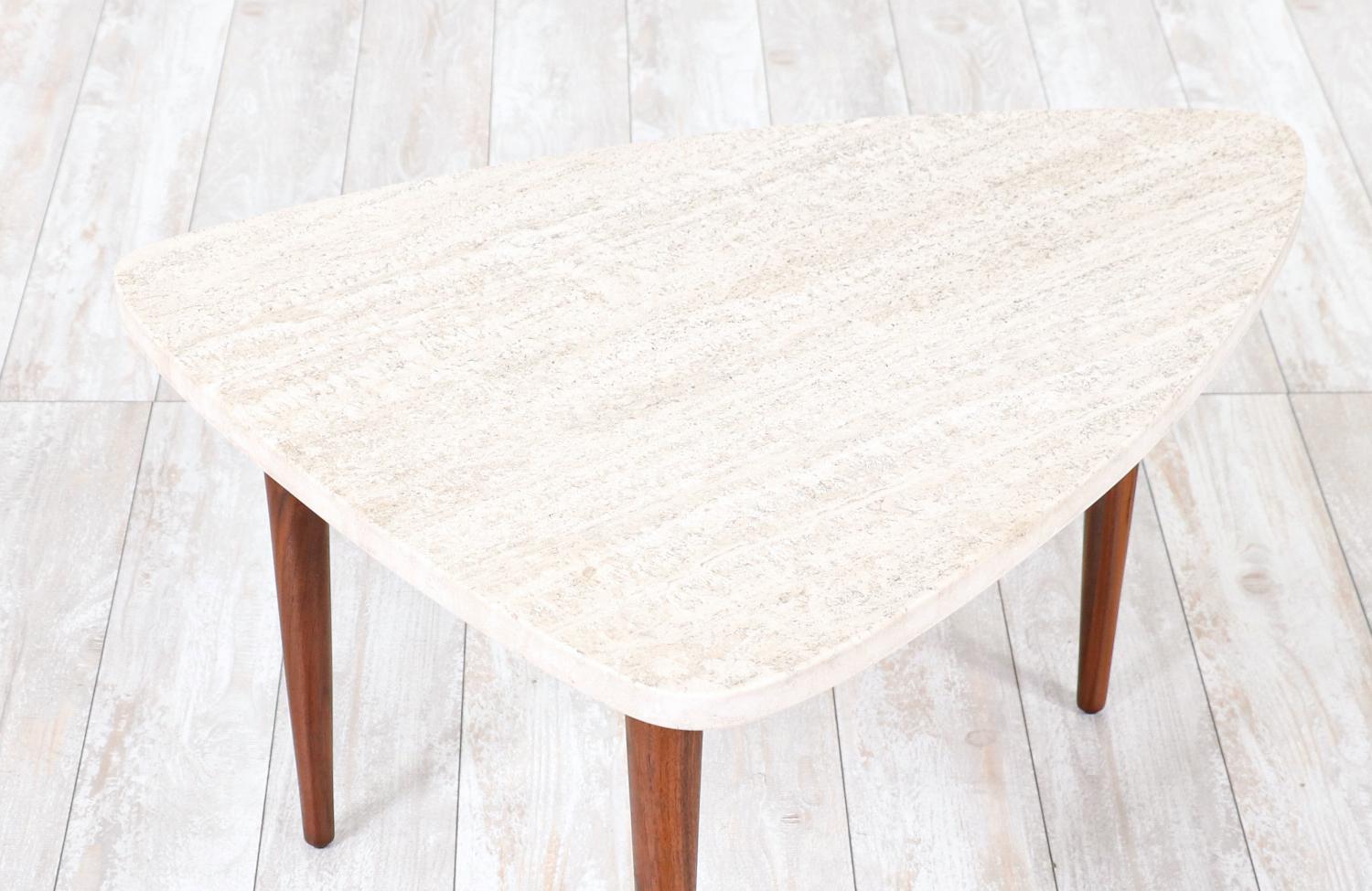 Expertly Restored -Mid-Century Modern Triangular Travertine Stone Top Side Table For Sale 2