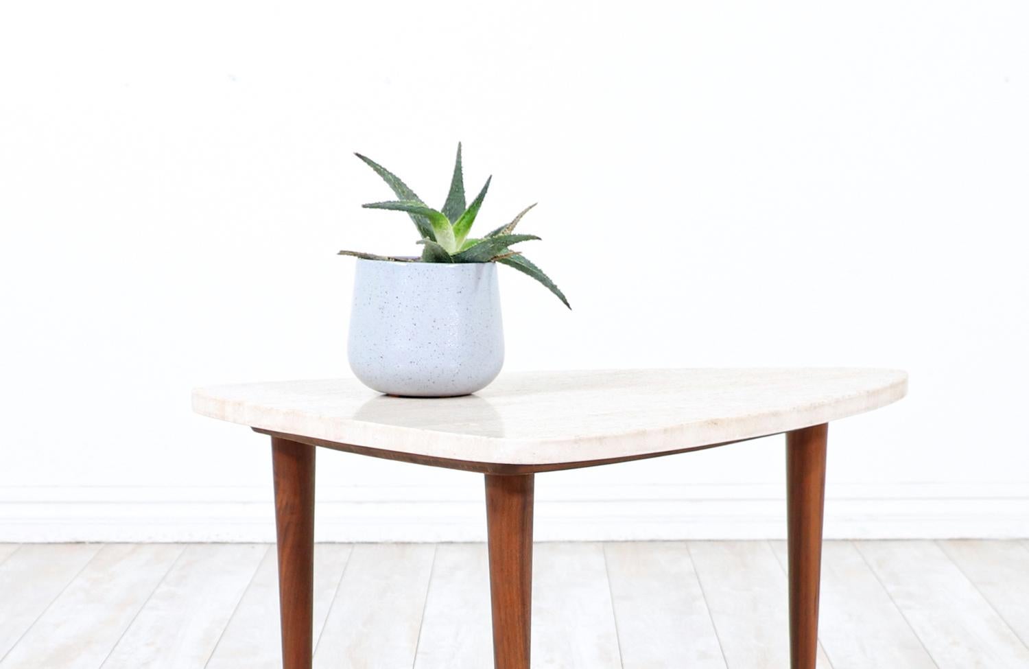 Expertly Restored -Mid-Century Modern Triangular Travertine Stone Top Side Table For Sale 3