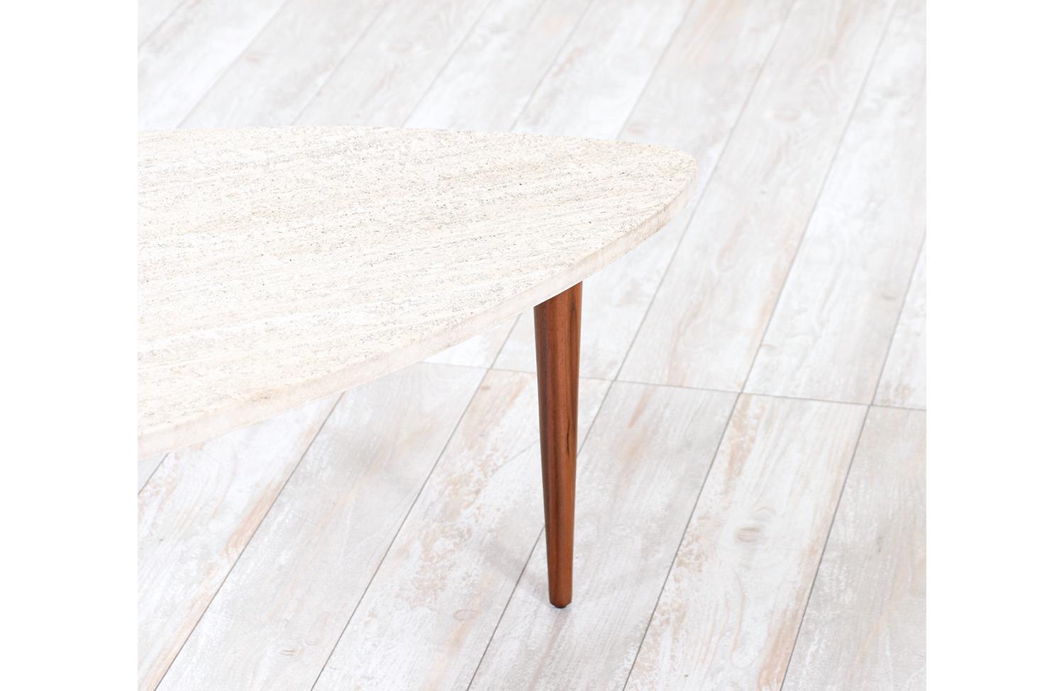 Expertly Restored -Mid-Century Modern Triangular Travertine Stone Top Side Table For Sale 4
