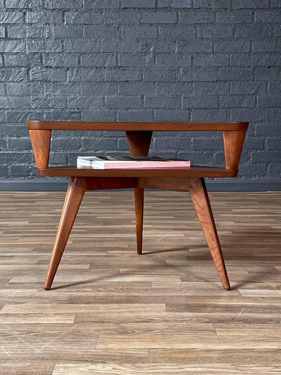 Mid-20th Century Newly Refinished -Mid-Century Modern Triangular Two-Tier Side Table w/ Bookshelf For Sale