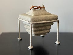 Mid-Century Modern Trinket Jewelry Box Ceramic with Leather Pull and Iron Stand