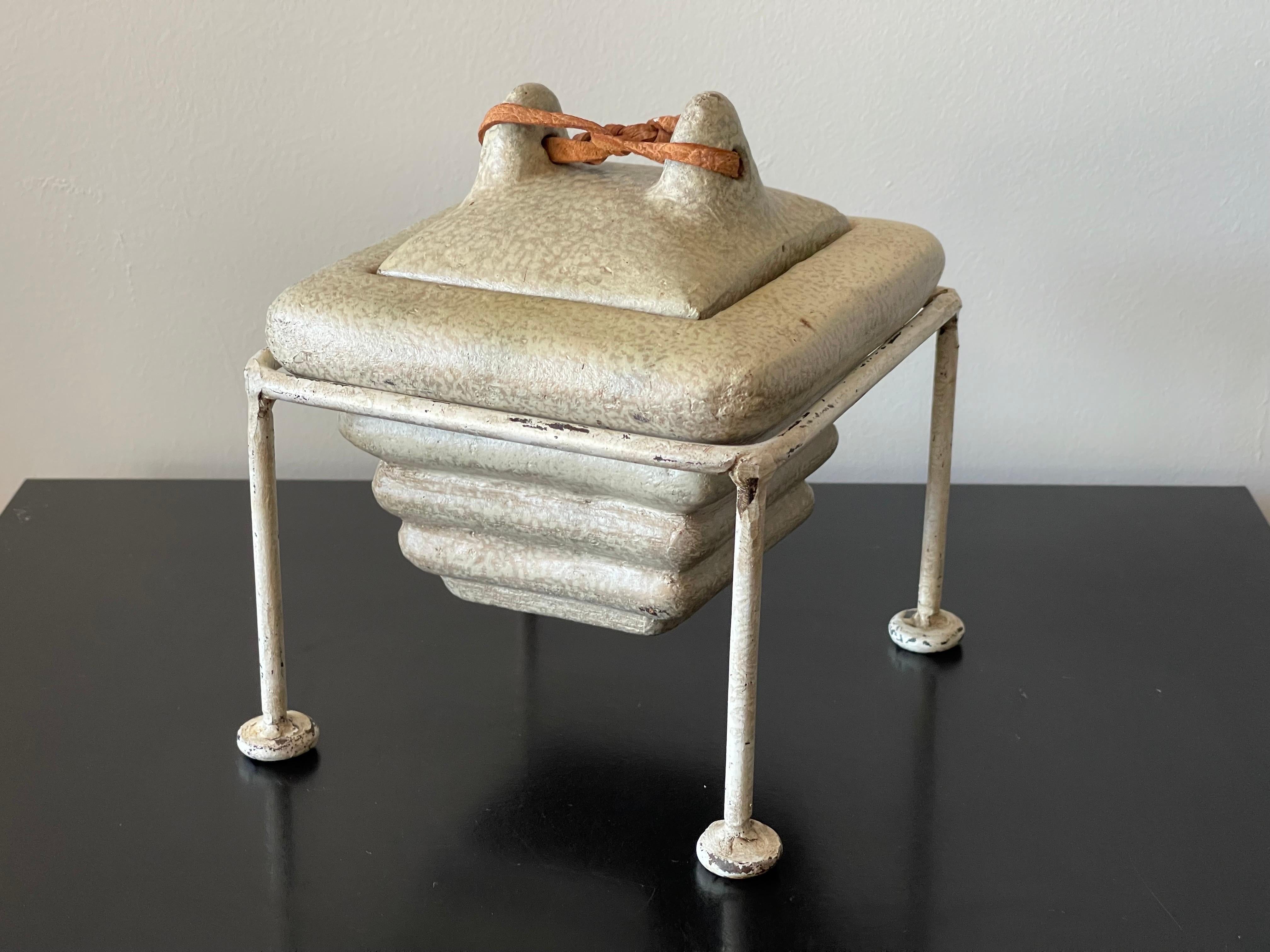 American Mid-Century Modern Trinket Jewelry Box Ceramic with Leather Pull and Iron Stand For Sale