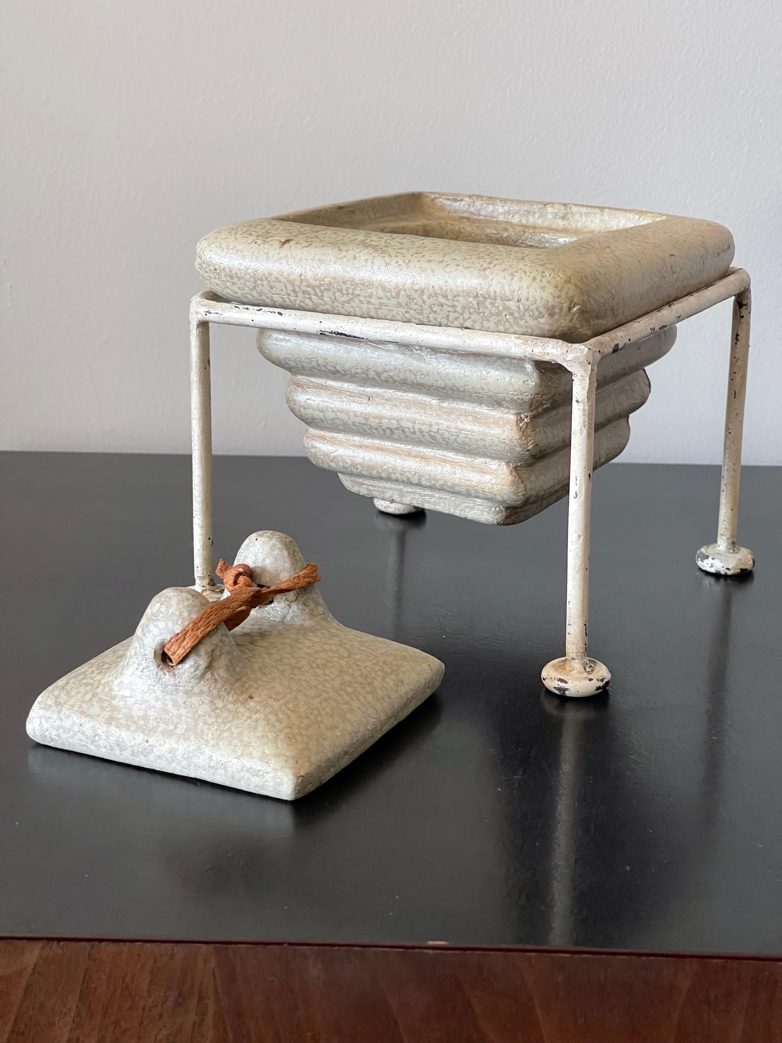 Mid-20th Century Mid-Century Modern Trinket Jewelry Box Ceramic with Leather Pull and Iron Stand For Sale