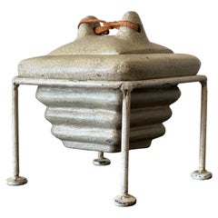 Mid-Century Modern Trinket Jewelry Box Ceramic with Leather Pull and Iron Stand