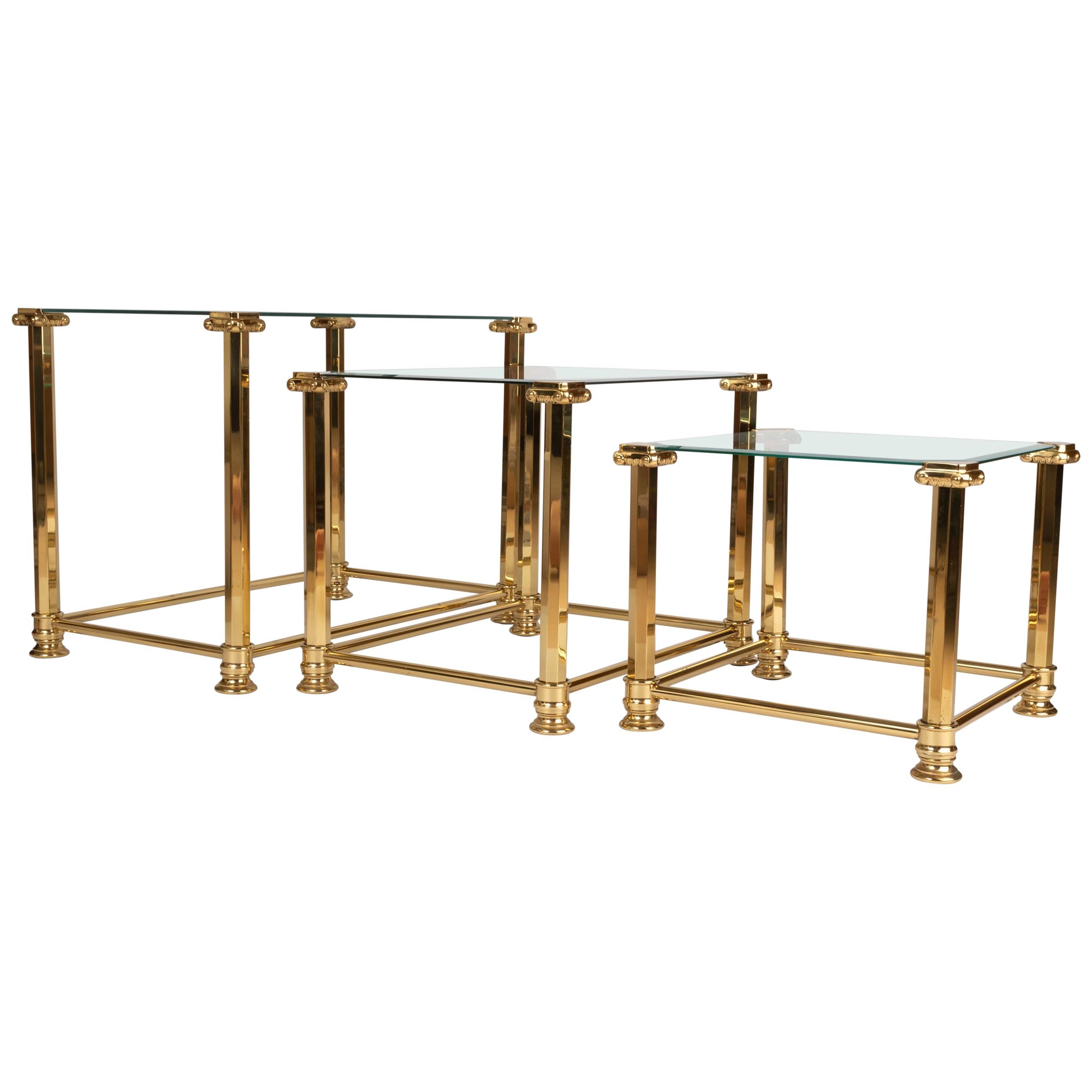 Mid-Century Modern Trio of Gold Gilt and Glass Side Tables. Orsenigo, Italy For Sale