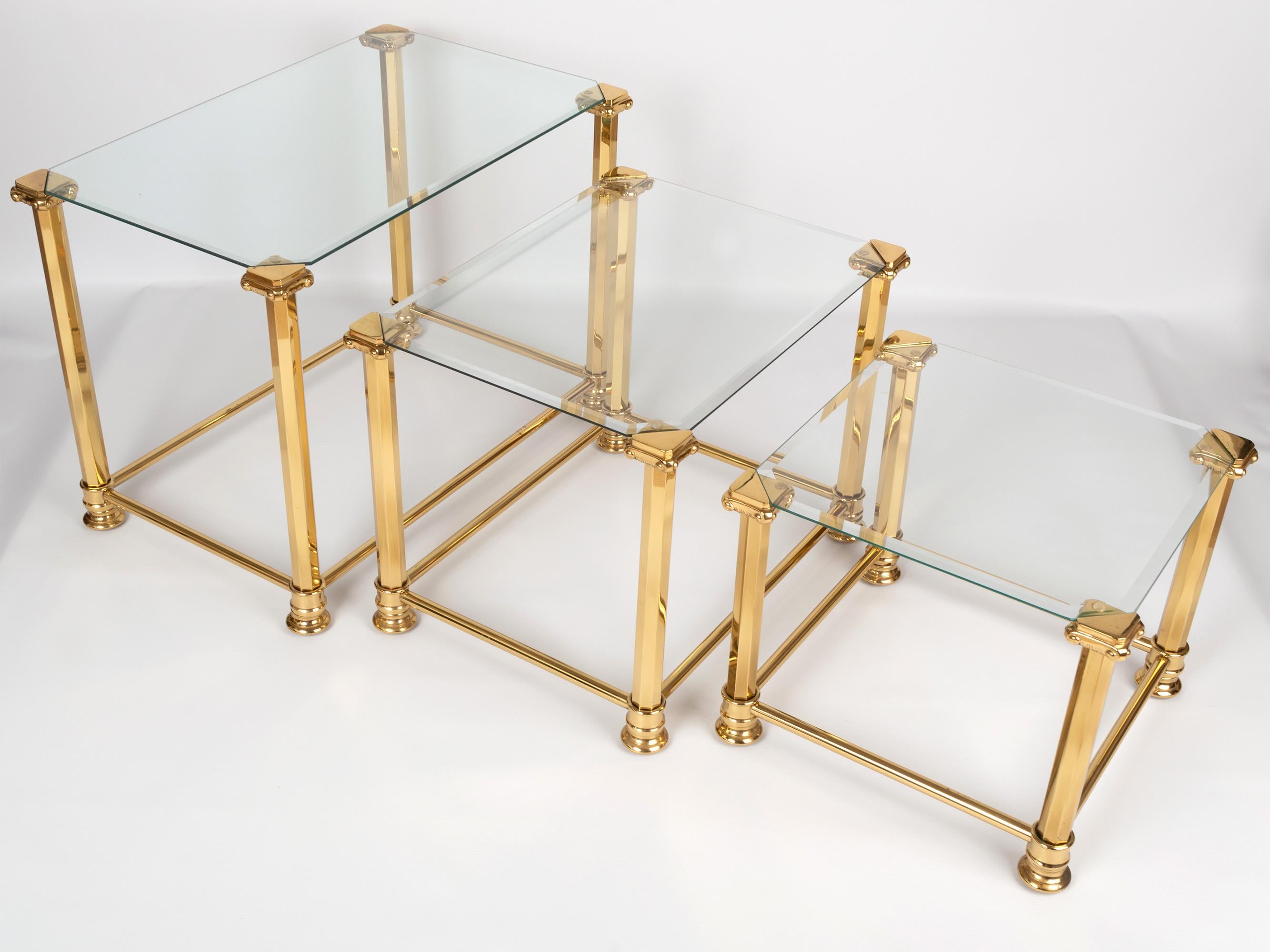 Mid-Century Modern trio of gold plated gilt and glass side tables by Orsenigo, Milan. Italy, circa 1970.
Very good vintage condition with minor signs of wear commensurate of age.
Dimensions:
H 44 x W 52.5 x D 32.5cm
H 40 x W 45.5 x D 29.5cm
H 36 x W