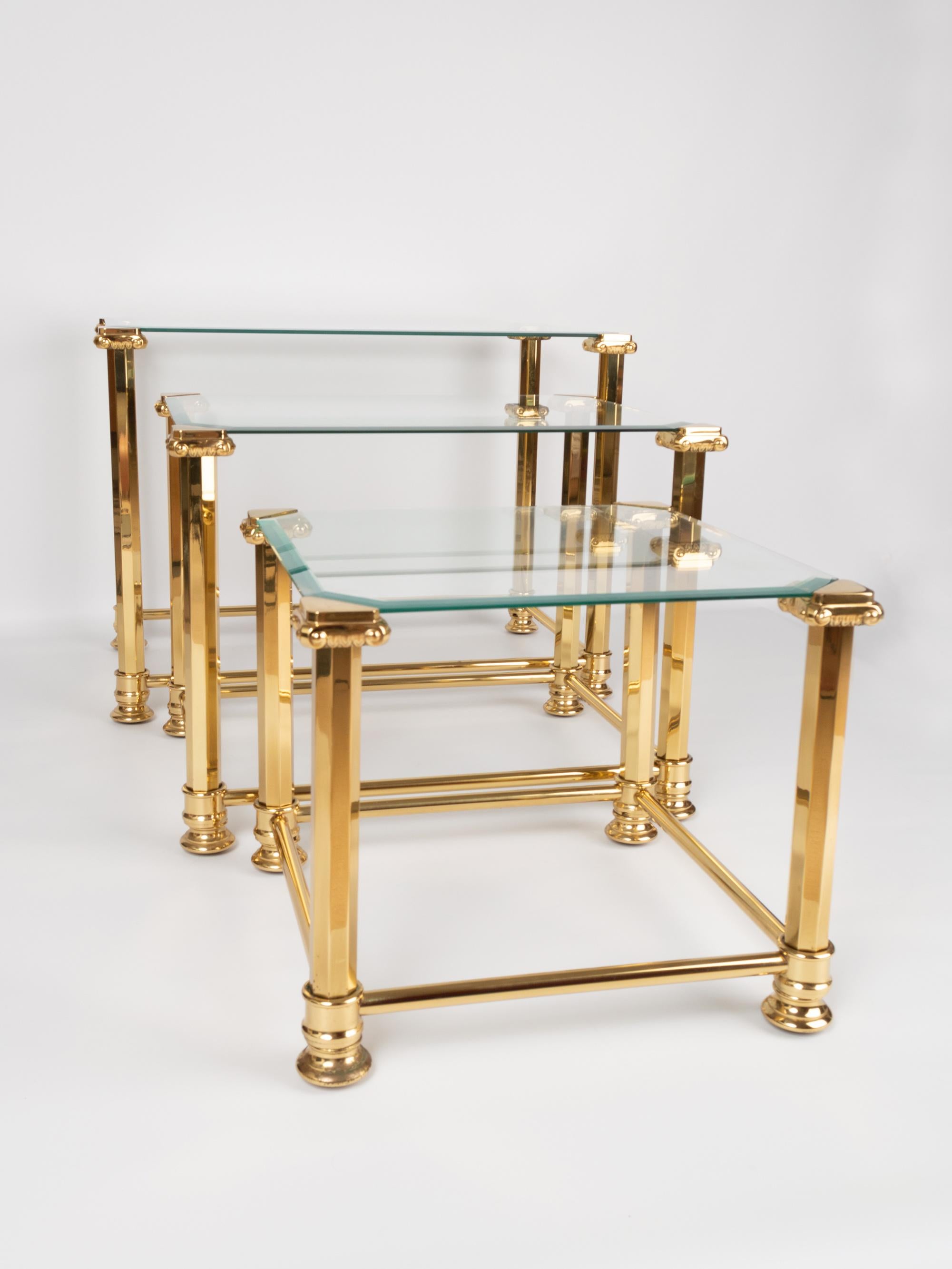 Italian Mid-Century Modern Trio of Gold Gilt and Glass Side Tables. Orsenigo, Italy For Sale