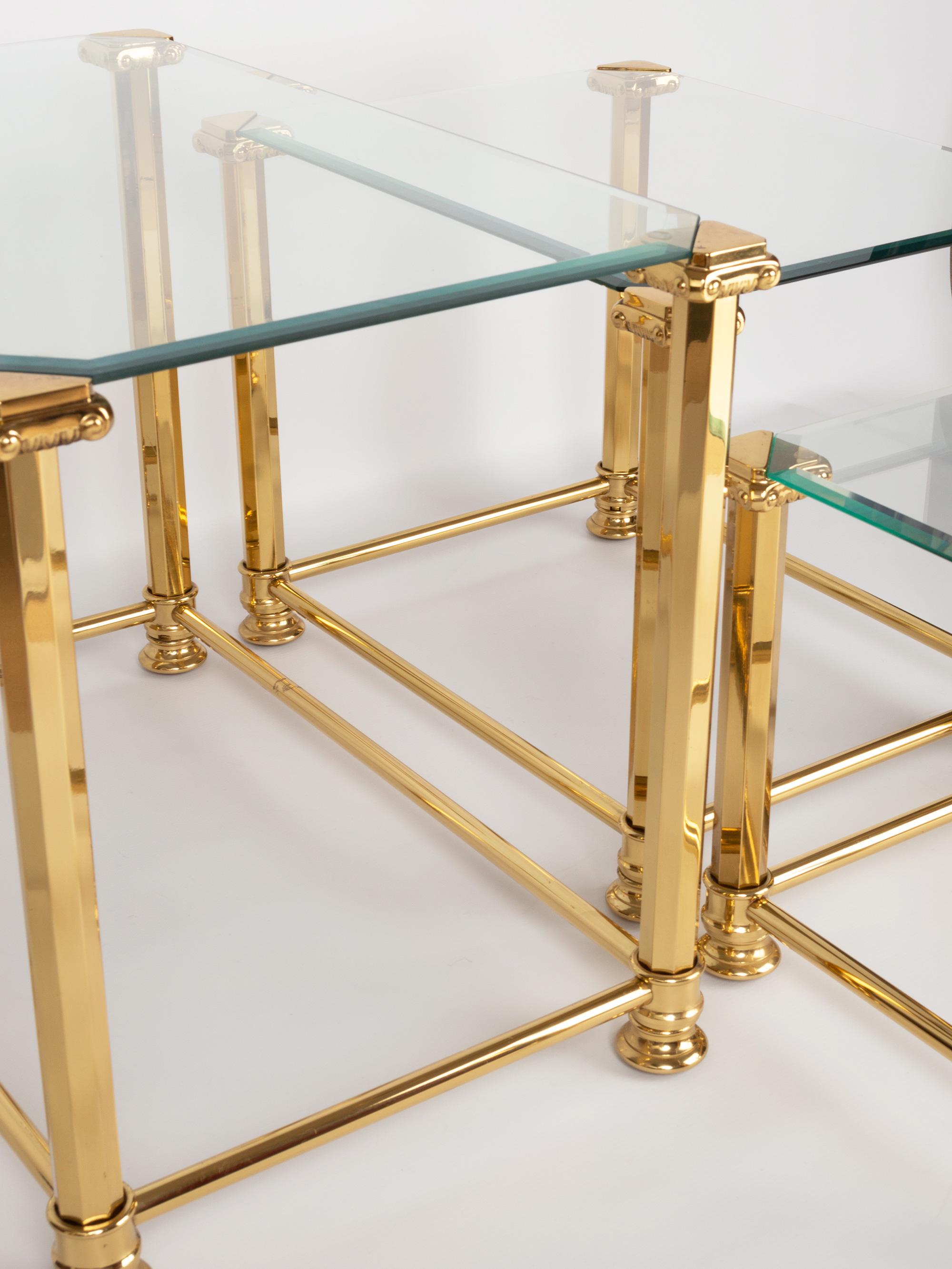 Metal Mid-Century Modern Trio of Gold Gilt and Glass Side Tables. Orsenigo, Italy For Sale