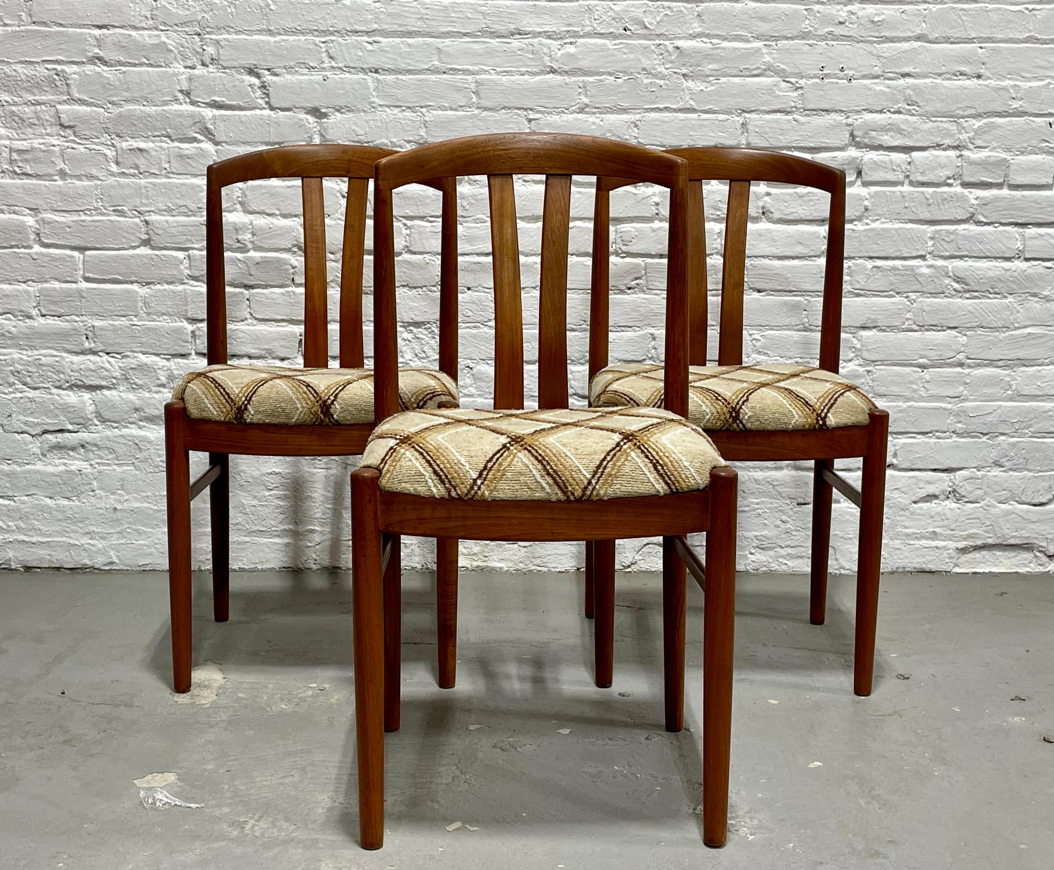 Mid Century Modern Teak set of 3 dining chairs designed by Carl Ekstrom for Albin Johansson, Made in Sweden, c. 1960's. Sculpted backrests designed for ultra comfort. Solid and sturdy design and the chairs retain the most incredible original