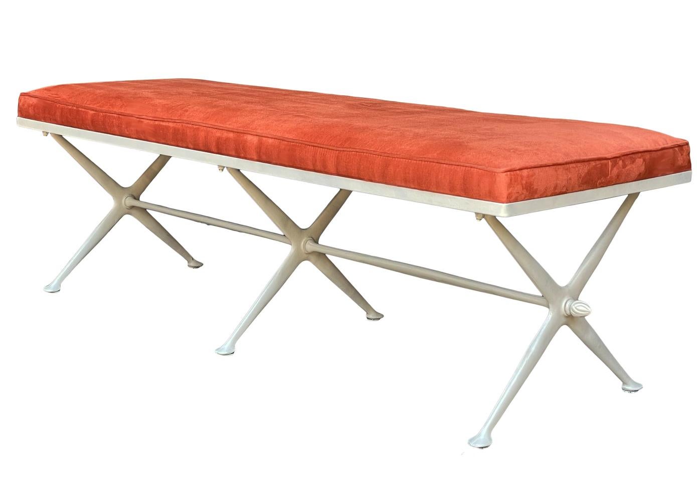 American Mid-Century Modern Triple Bench with X Base in Off White & Orange