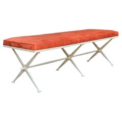 Mid-Century Modern Triple Bench with X Base in Off White & Orange