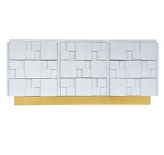 Mid-Century Modern Triple Brutalist Dresser or Credenza in White with Brass Base