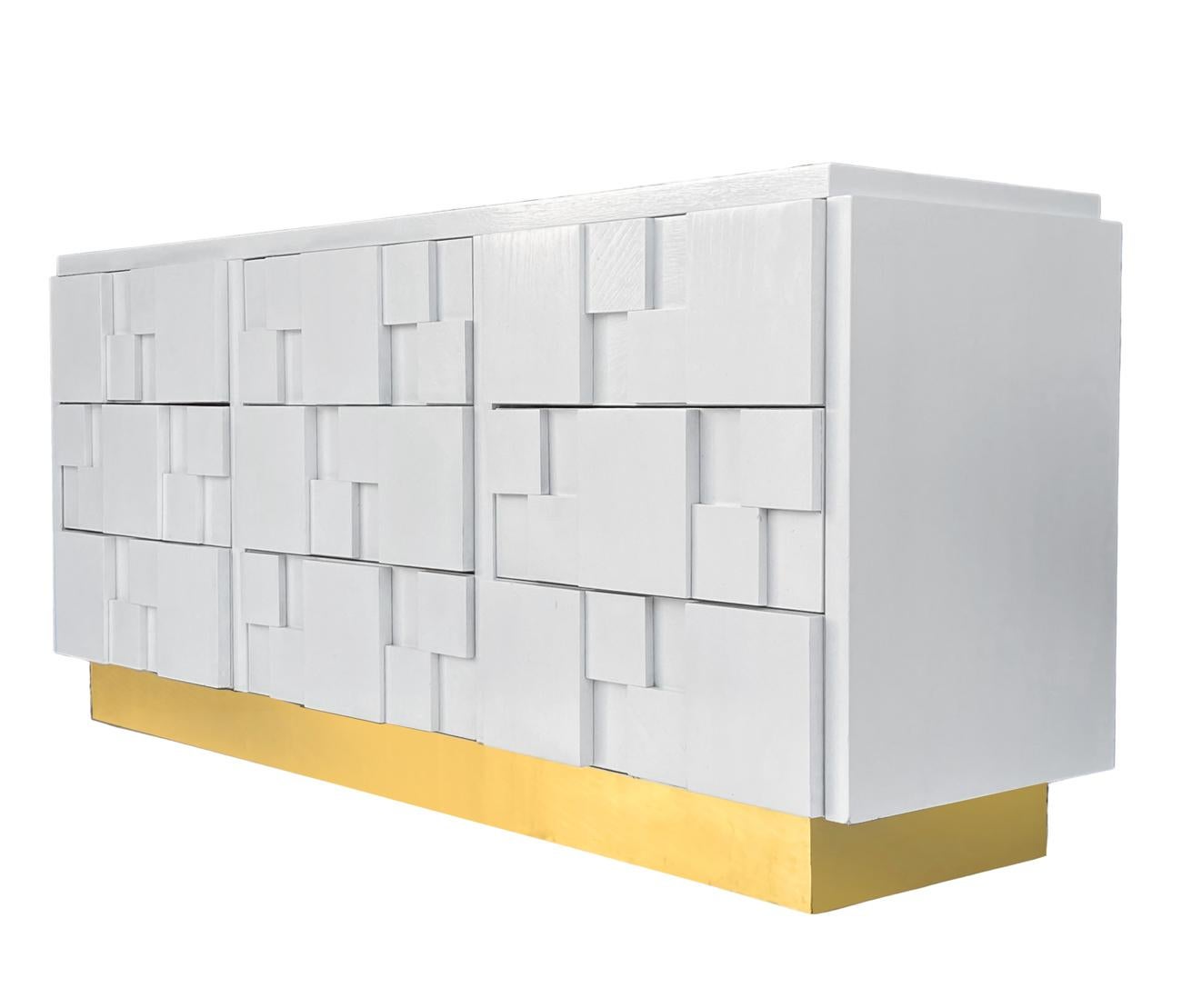 American Mid-Century Modern Triple Brutalist Dresser or Credenza in White with Brass Base