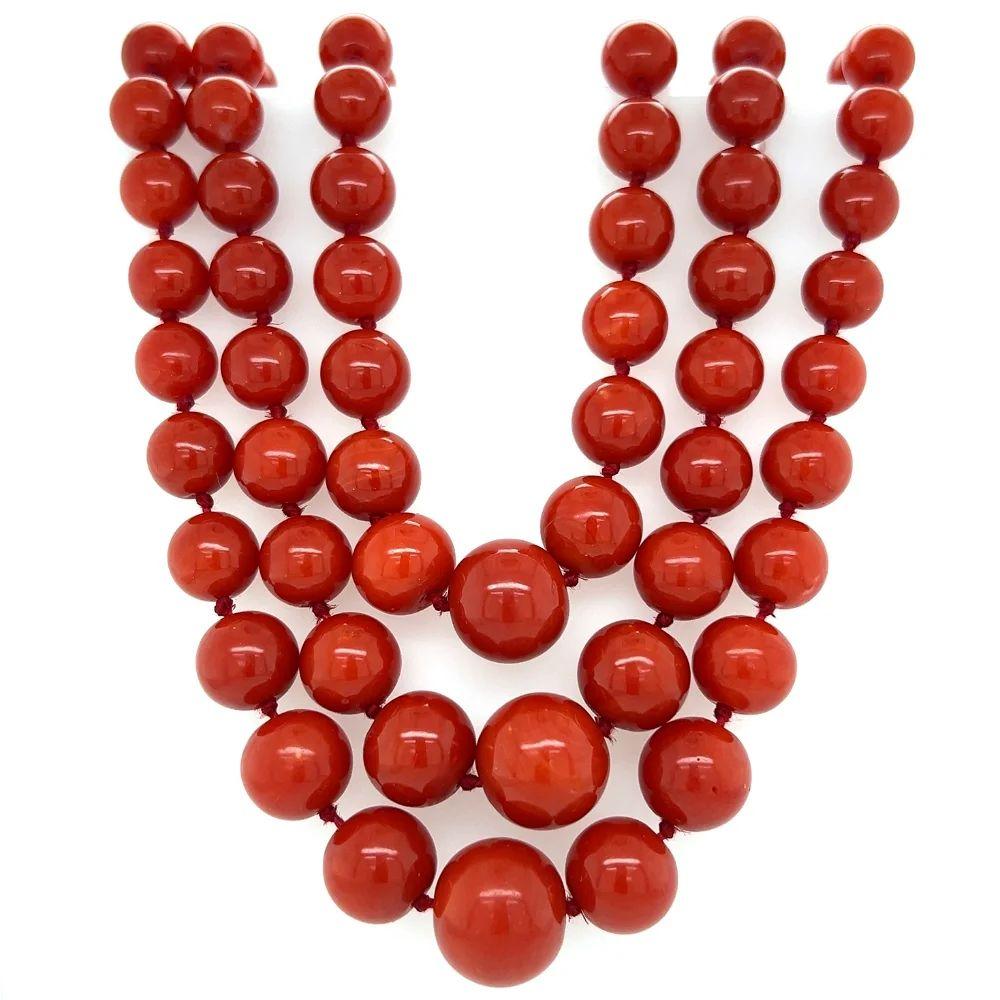 Modernist Mid-Century Modern Triple Strand Red Coral Beads and Gold Clasp Vintage Necklace