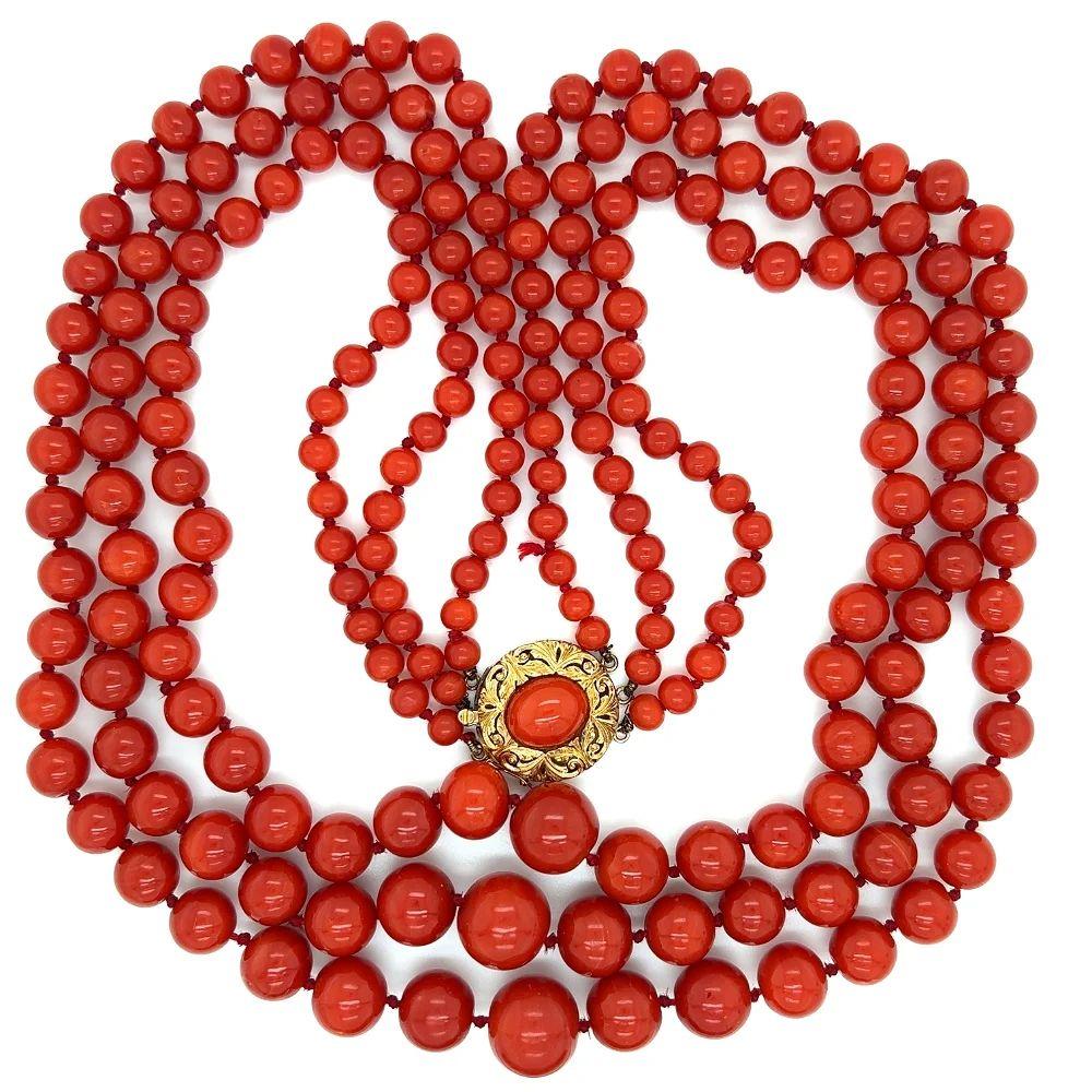 Round Cut Mid-Century Modern Triple Strand Red Coral Beads and Gold Clasp Vintage Necklace